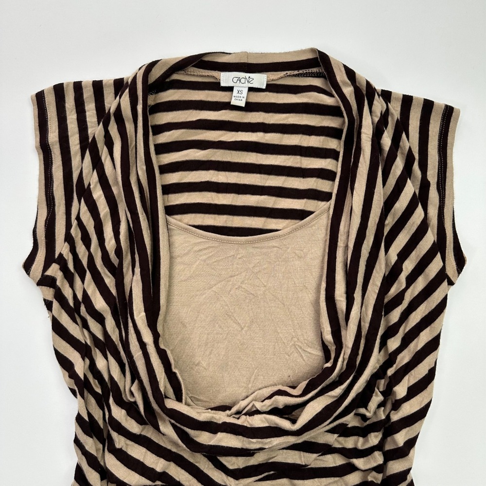 Y2K Cache XS Top Brown Beige Striped Sleeveless Cowl Neck Knit Tank Blouse - Picture 2 of 6